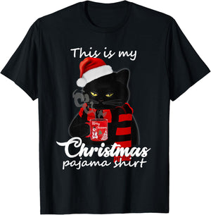 This Is My Christmas Pajama Shirt Funny Cat and Coffee Lover T-Shirt - T-Shirt | Black