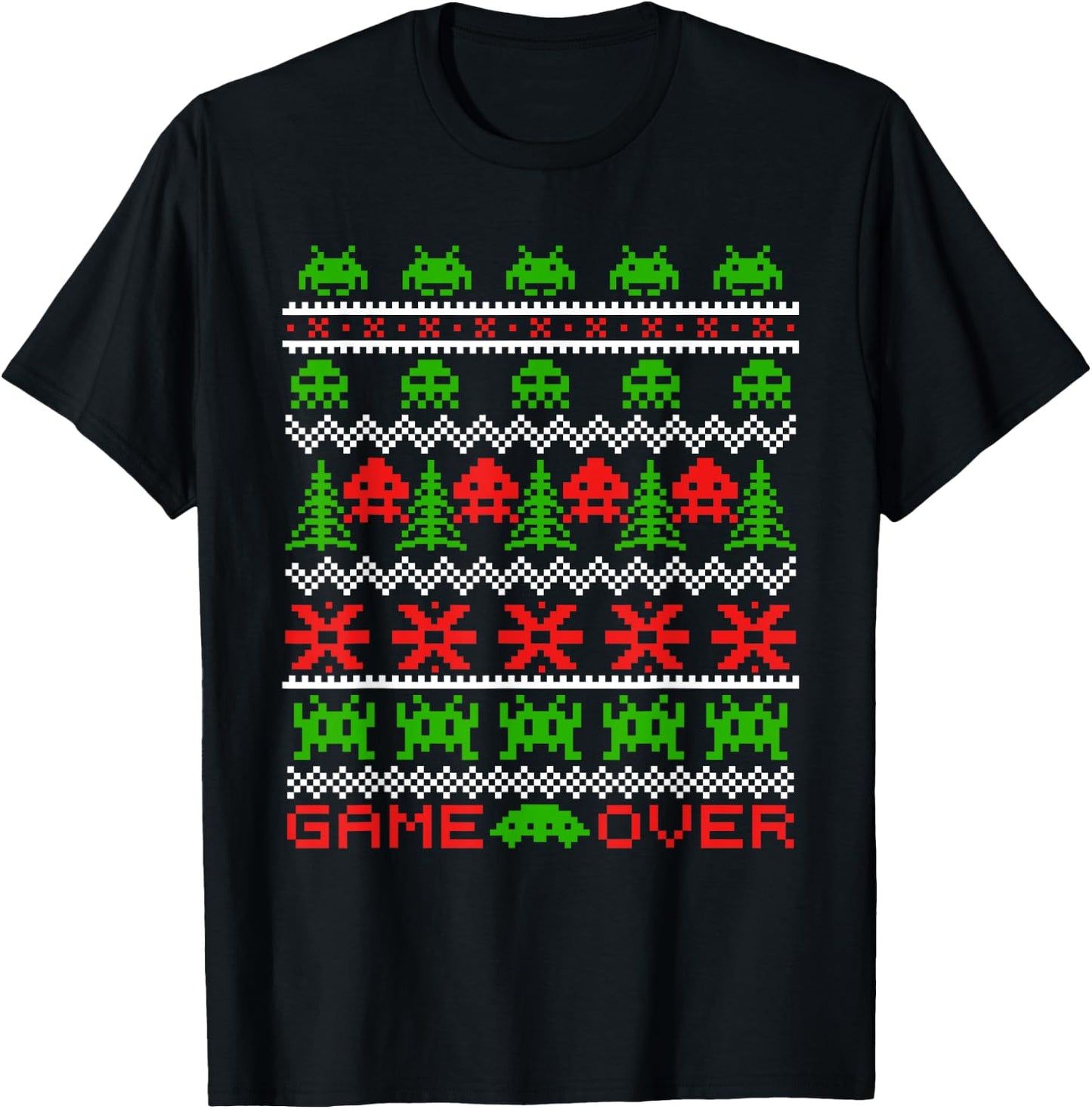 8-bit 80s Space Alien Invaders Ugly Christmas Gamers Sweater T-Shirt - T-Shirt | Black