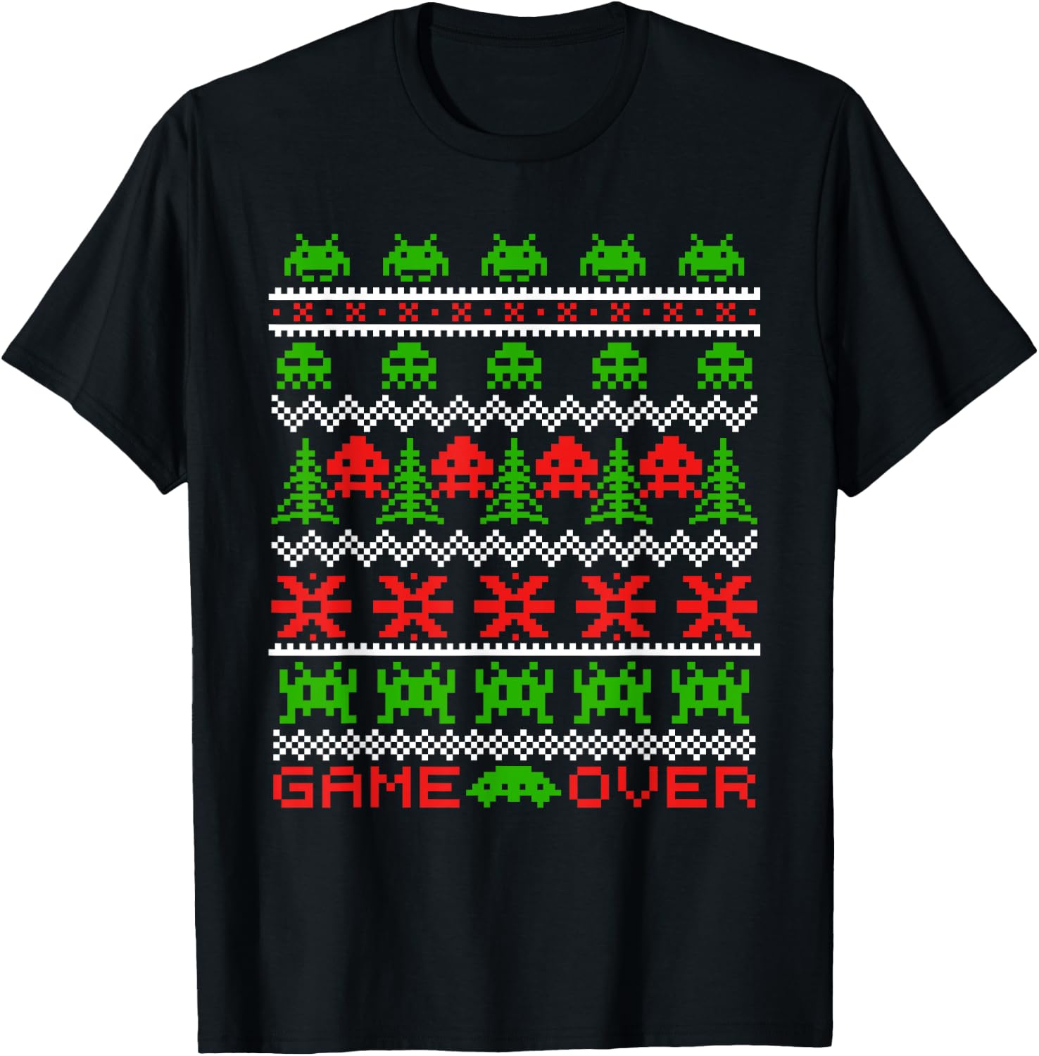 8-bit 80s Space Alien Invaders Ugly Christmas Gamers Sweater T-Shirt - T-Shirt | Black