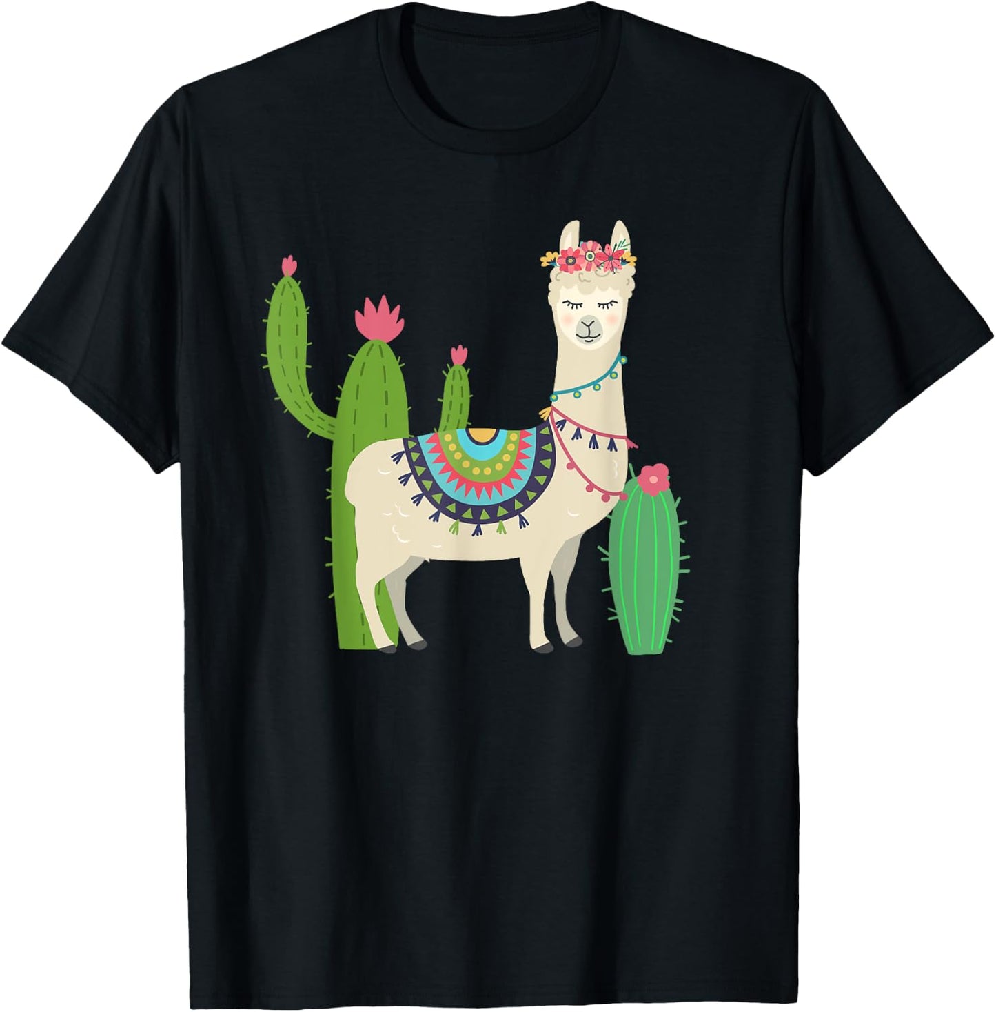 Cute Llama With Flower & Cactus / Llama Lover Gift T-Shirt - T-Shirt | Black