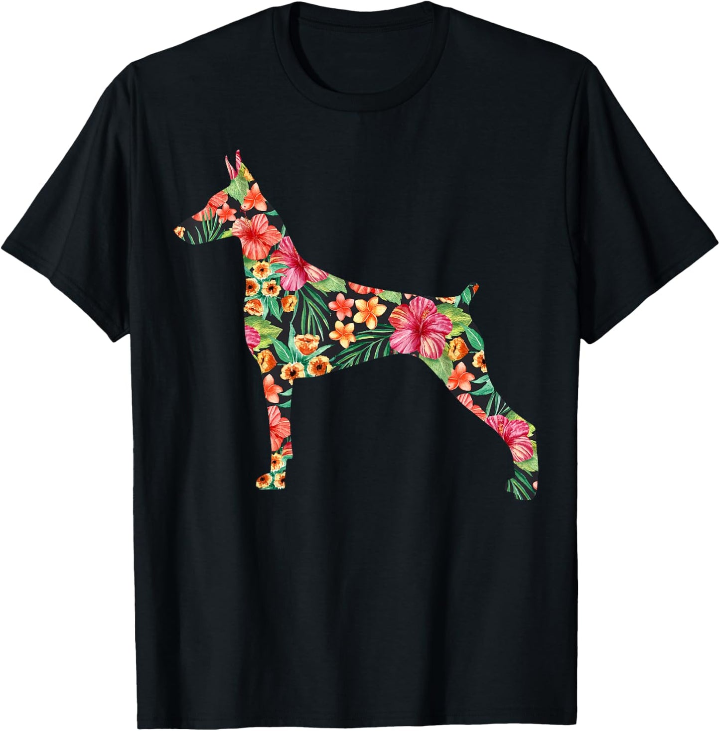 Doberman Flower Funny Dog Silhouette Floral Gifts Women Men T-Shirt - T-Shirt | Black