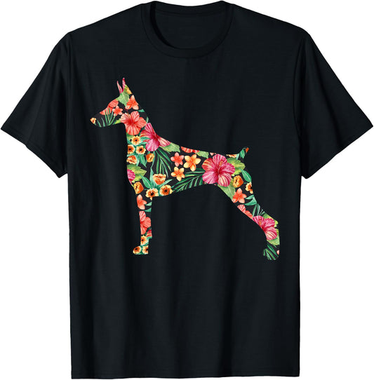 Doberman Flower Funny Dog Silhouette Floral Gifts Women Men T-Shirt - T-Shirt | Black