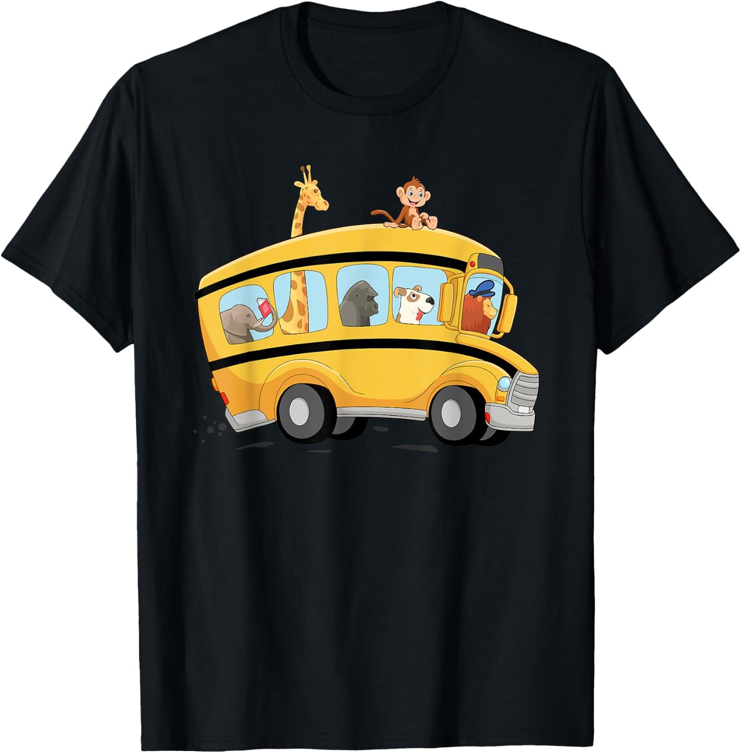 lion,Dog and Monkey in a School Bus Funny Men Women Kids T-Shirt - T-Shirt | Black