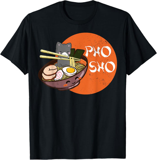 Vintage Kawaii Cat Pho Sho Vietnamese Bowl Ramen Noodle Gift T-Shirt - T-Shirt | Black