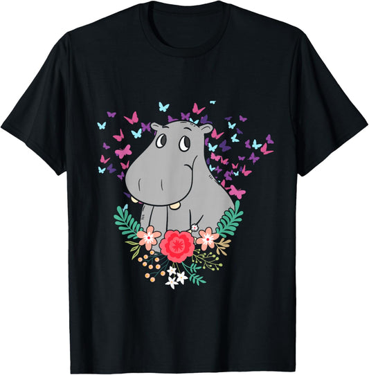 Animal Lover Butterfly Valentines Day Gift Flowers Hippo T-Shirt - T-Shirt | Black