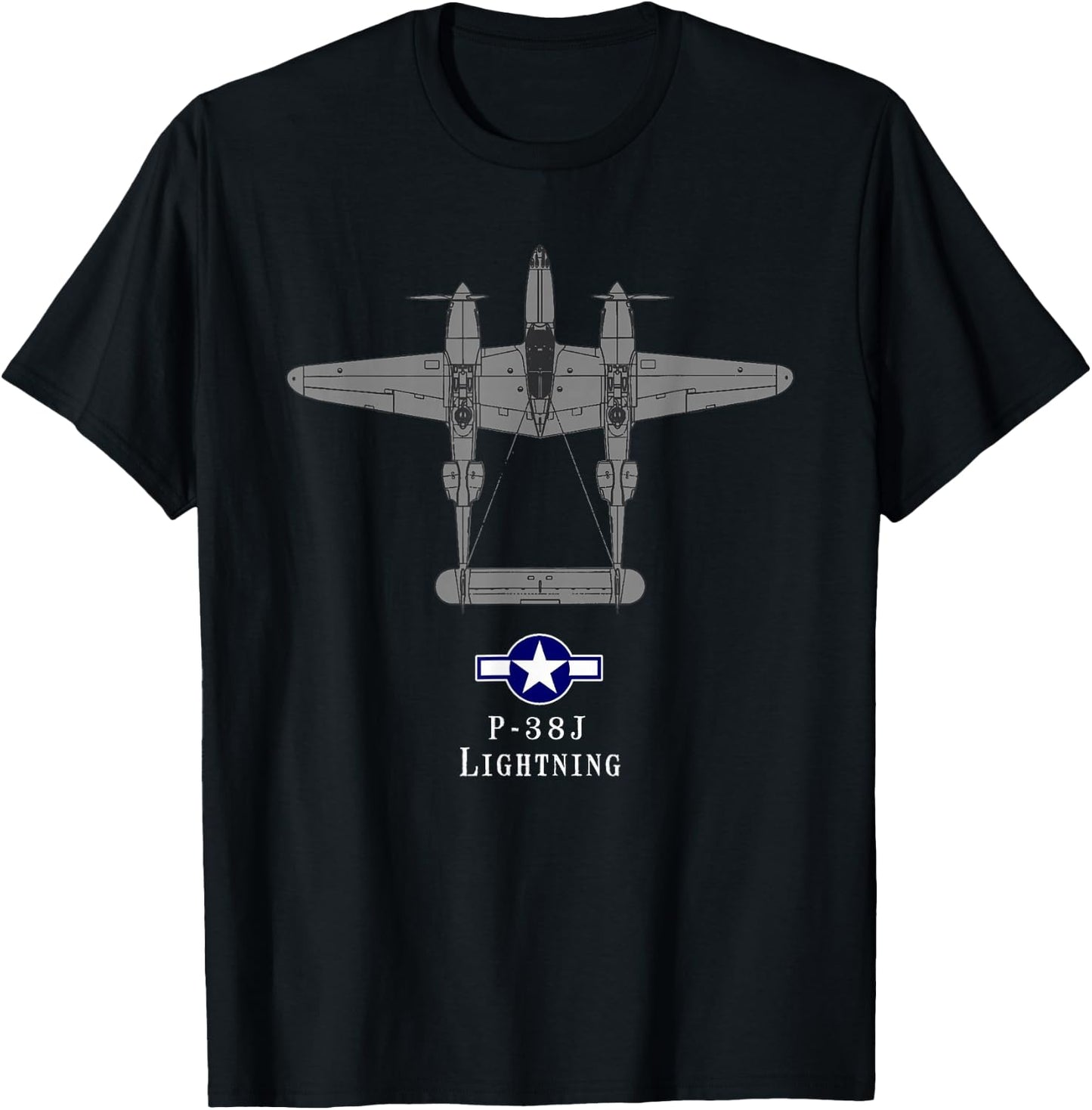 P-38 Lightning Tech Drawing WWII Fighter Airplane T-Shirt - T-Shirt | Black