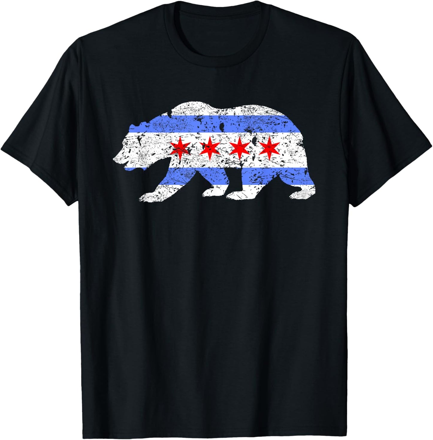 Chicago City Flag Distressed Bear Gift T-Shirt - T-Shirt | Black