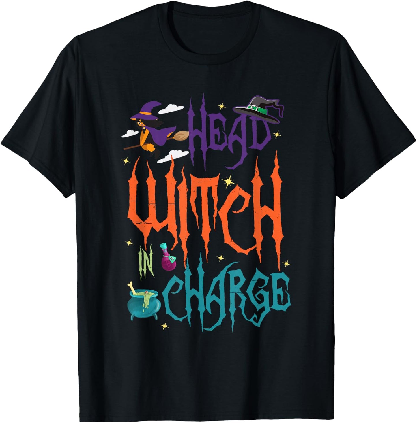 Head Witch in Charge Hat Brew Broom Halloween T-Shirt - T-Shirt | Black