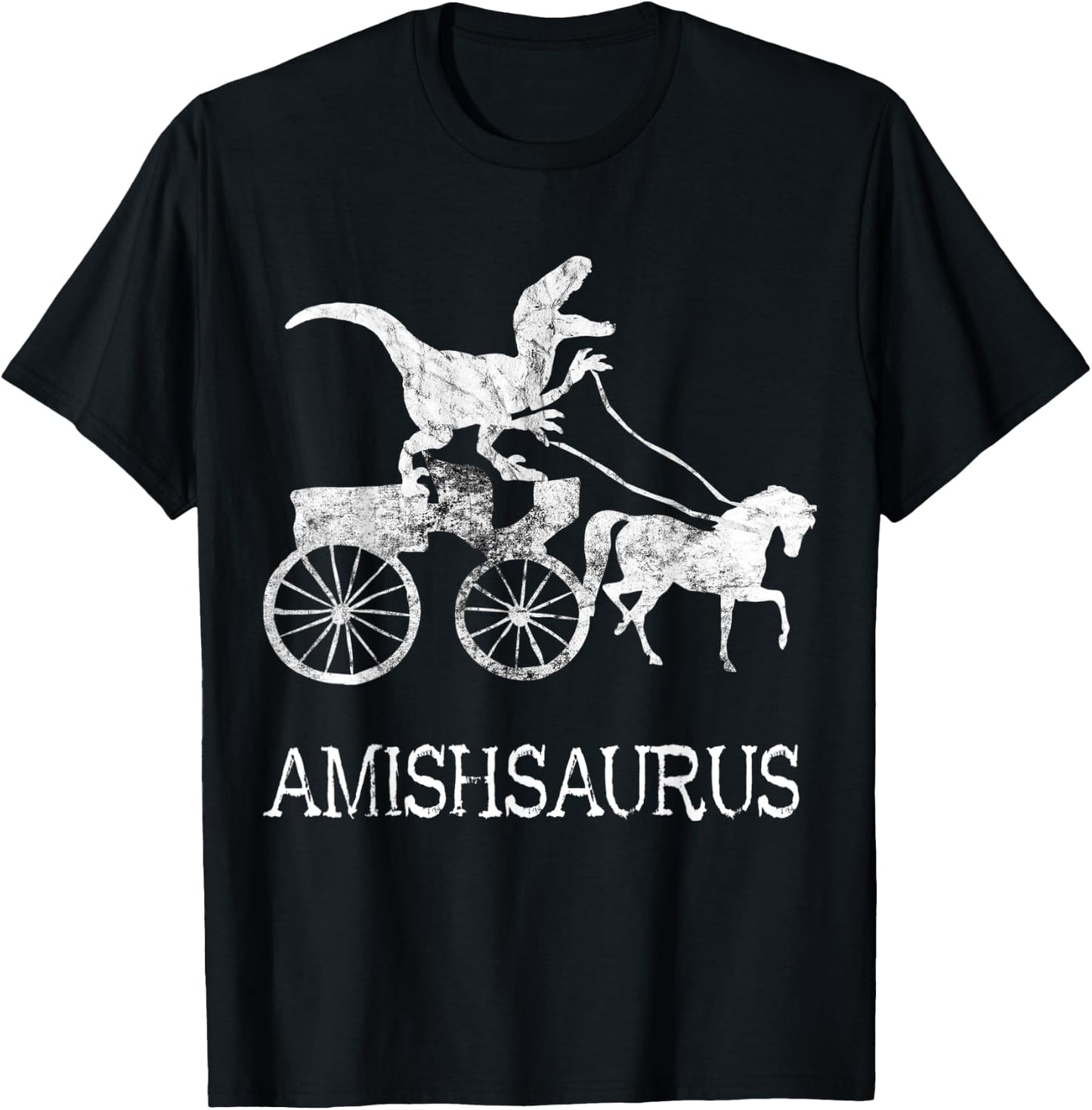 Amish Saurus Dinosaurs Horse Riding Buggy Funny Dino T-Rex T-Shirt - T-Shirt | Black