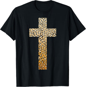 Cute Leopard Print Christian Cross | Funny Panther Love Gift T-Shirt - T-Shirt | Black