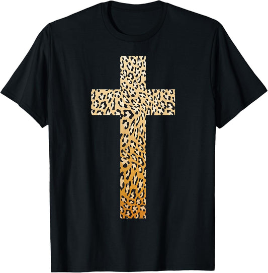 Cute Leopard Print Christian Cross | Funny Panther Love Gift T-Shirt - T-Shirt | Black