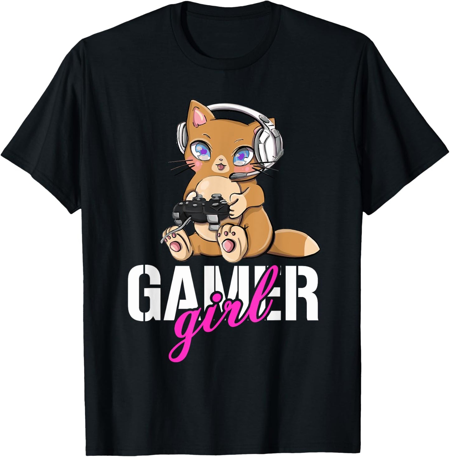Gamer Cat Girl Gaming Cute Gamer Cats Cats And Gaming T-Shirt - T-Shirt | Black