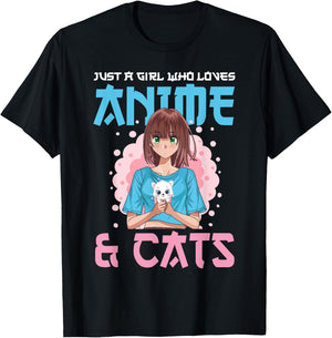 Just A Girl Who Loves Anime and Cats Cute Cat Lover Teens T-Shirt - T-Shirt | Black