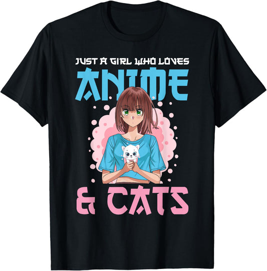 Just A Girl Who Loves Anime and Cats Cute Cat Lover Teens T-Shirt - T-Shirt | Black