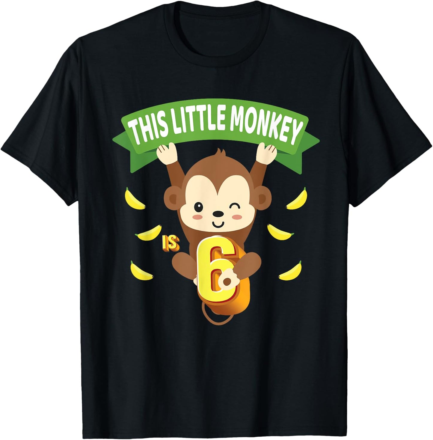 This Little Monkey Is 6 Years Old Kid 6th Birthday Monkeys T-Shirt - T-Shirt | Black