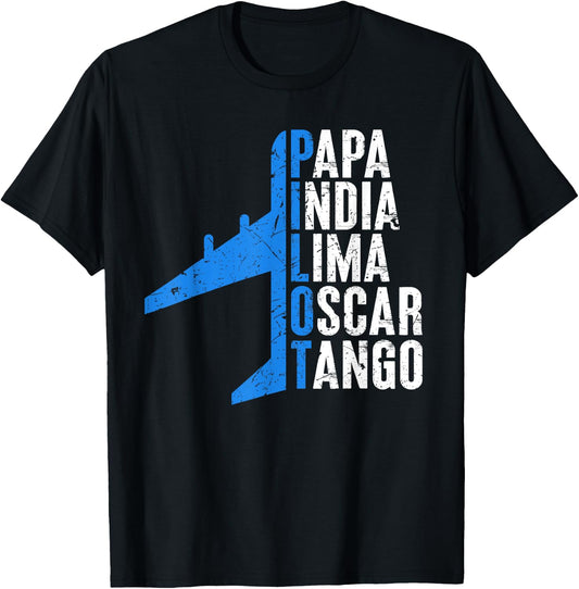 The Letters of the Word Pilot: Papa India Lima Oscar Tango T-Shirt - T-Shirt | Black