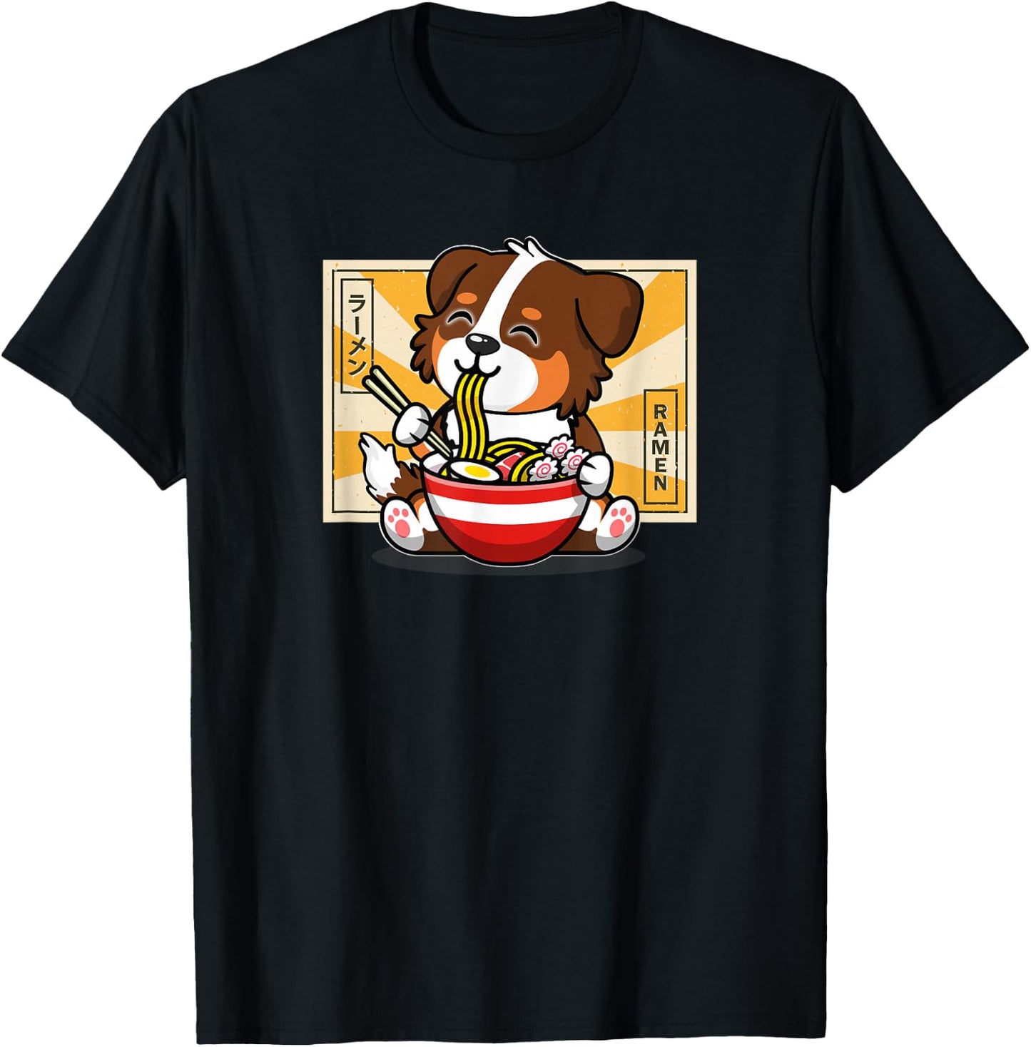 Funny Kawaii Kids Ramen Eating Red Australian Shepherd Lover T-Shirt - T-Shirt | Black