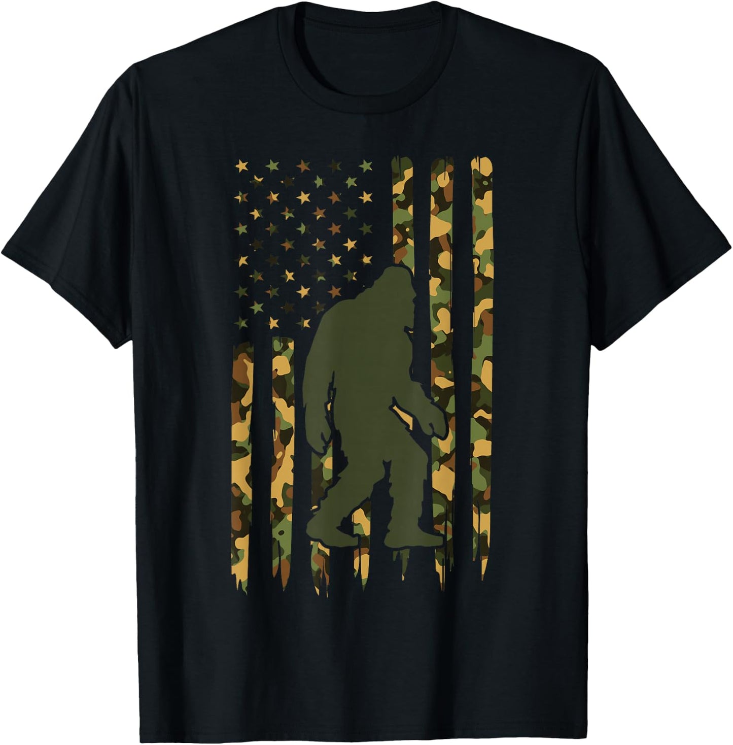 Camo Big Foot Sasquatch - Vintage Bigfoot American Flag T-Shirt - T-Shirt | Black