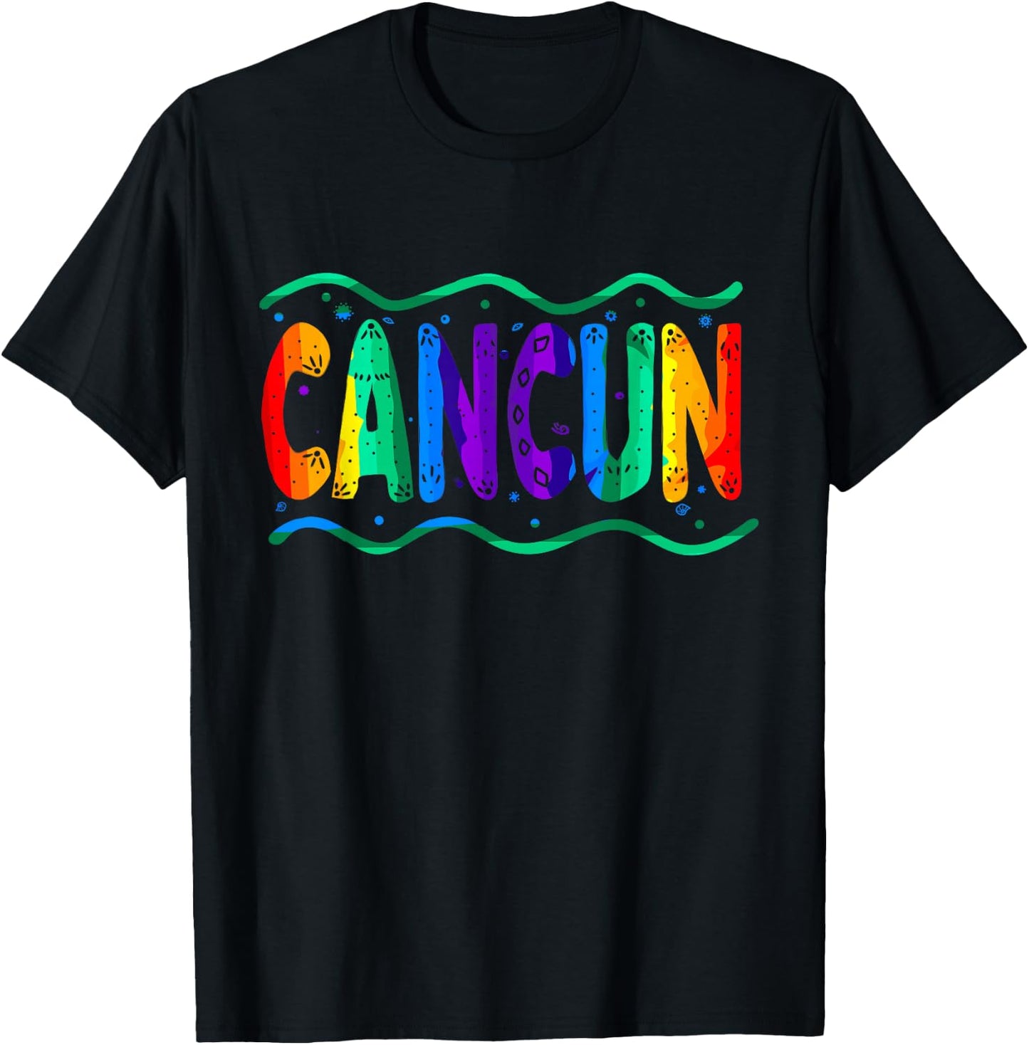 Rainbow Cancun Mexico Typography Ocean Waves T-Shirt - T-Shirt | Black