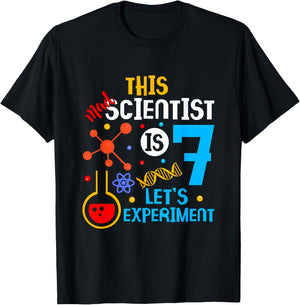 7th Birthday This Crazy Scientist is 7 Let's Experiment T-Shirt - T-Shirt | Black