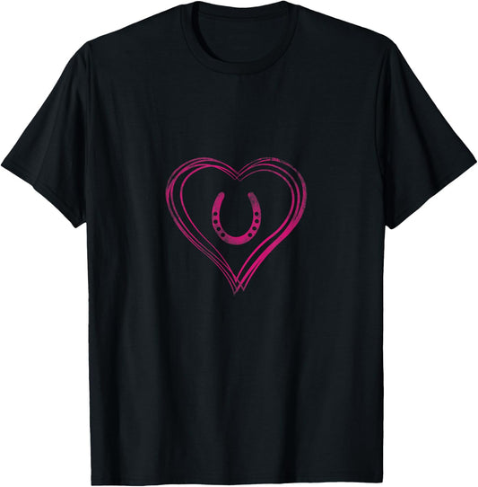 A Heart with Pink Horseshoe for Horses T-Shirt - T-Shirt | Black
