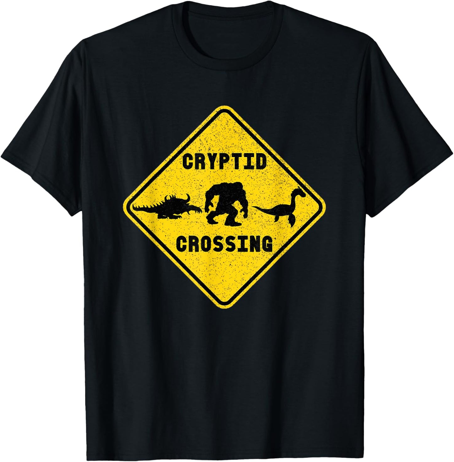 Cryptid Crossing Yield Road Sign Funny Nessie Bigfoot Hodag T-Shirt - T-Shirt | Black