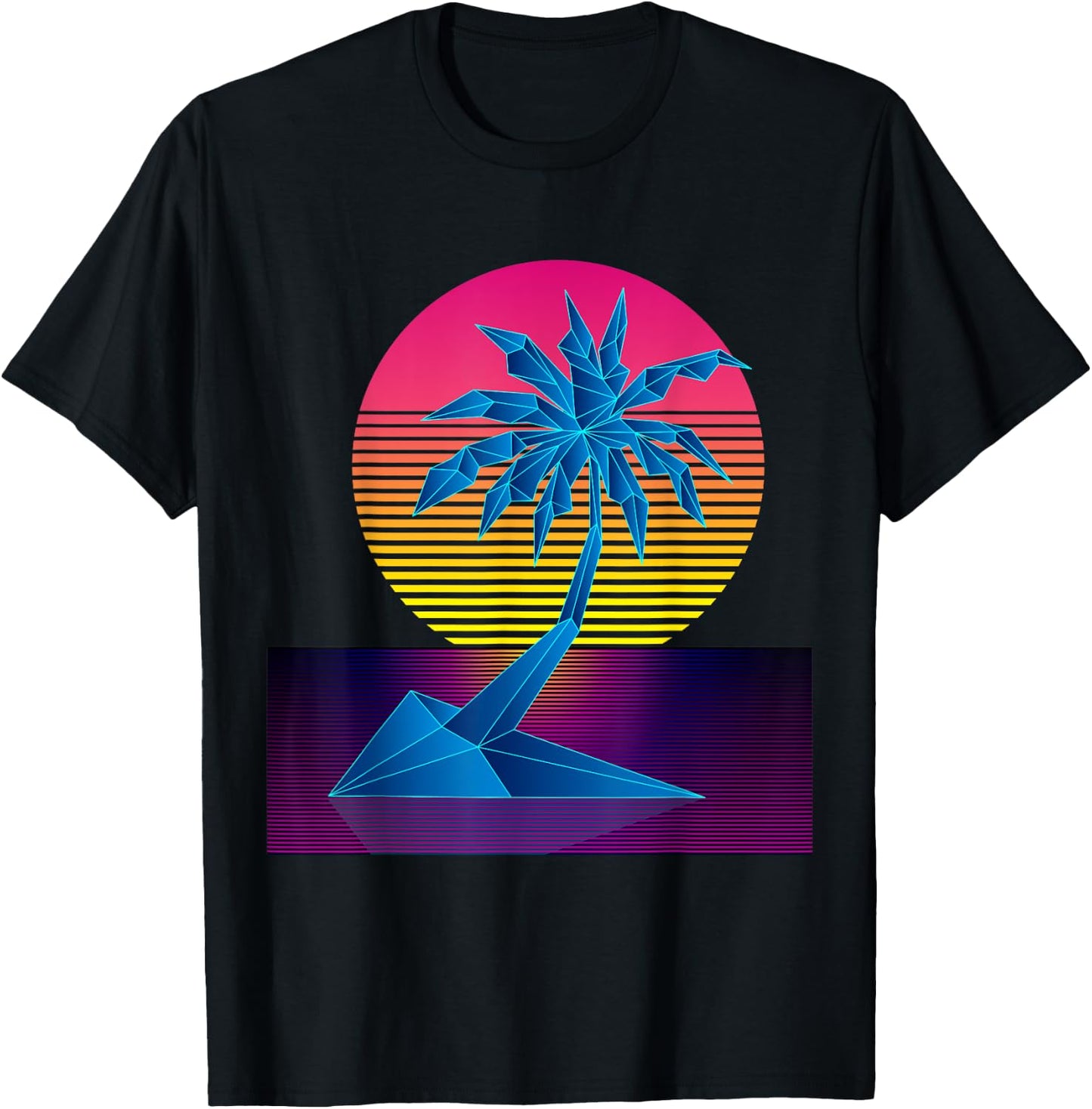 Vaporwave Digital Art Palm Tree & Sunset Retro 80s Beach Art T-Shirt - T-Shirt | Black
