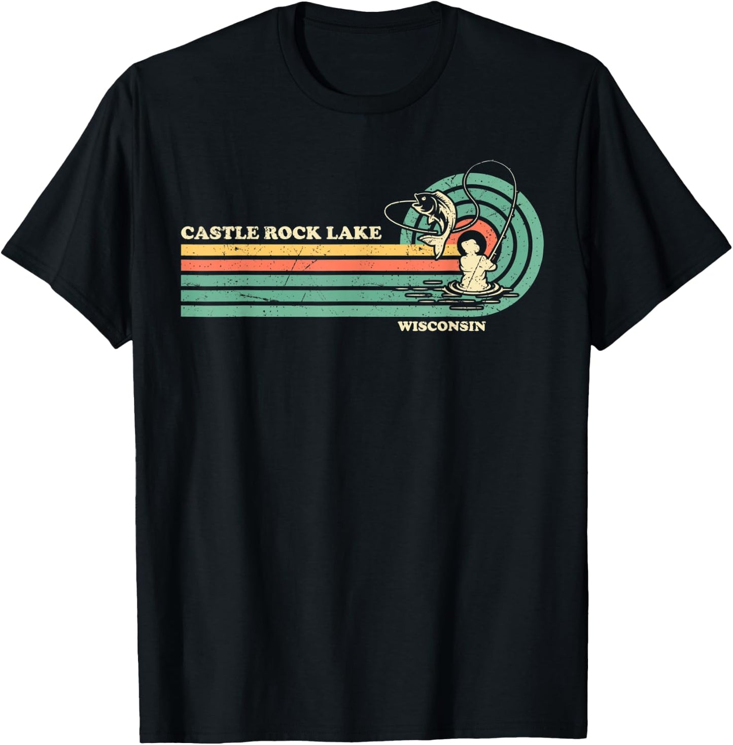 Vintage Retro Summer Fishing Wisconsin Castle Rock Lake T-Shirt - T-Shirt | Black