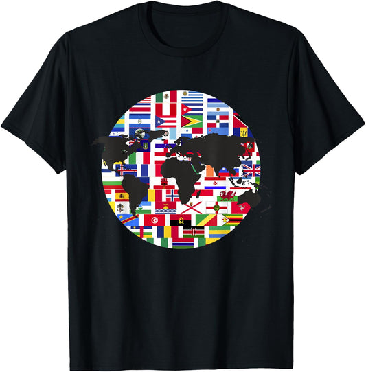 World Map International Country Flags Traveling World Flags T-Shirt - T-Shirt | Black