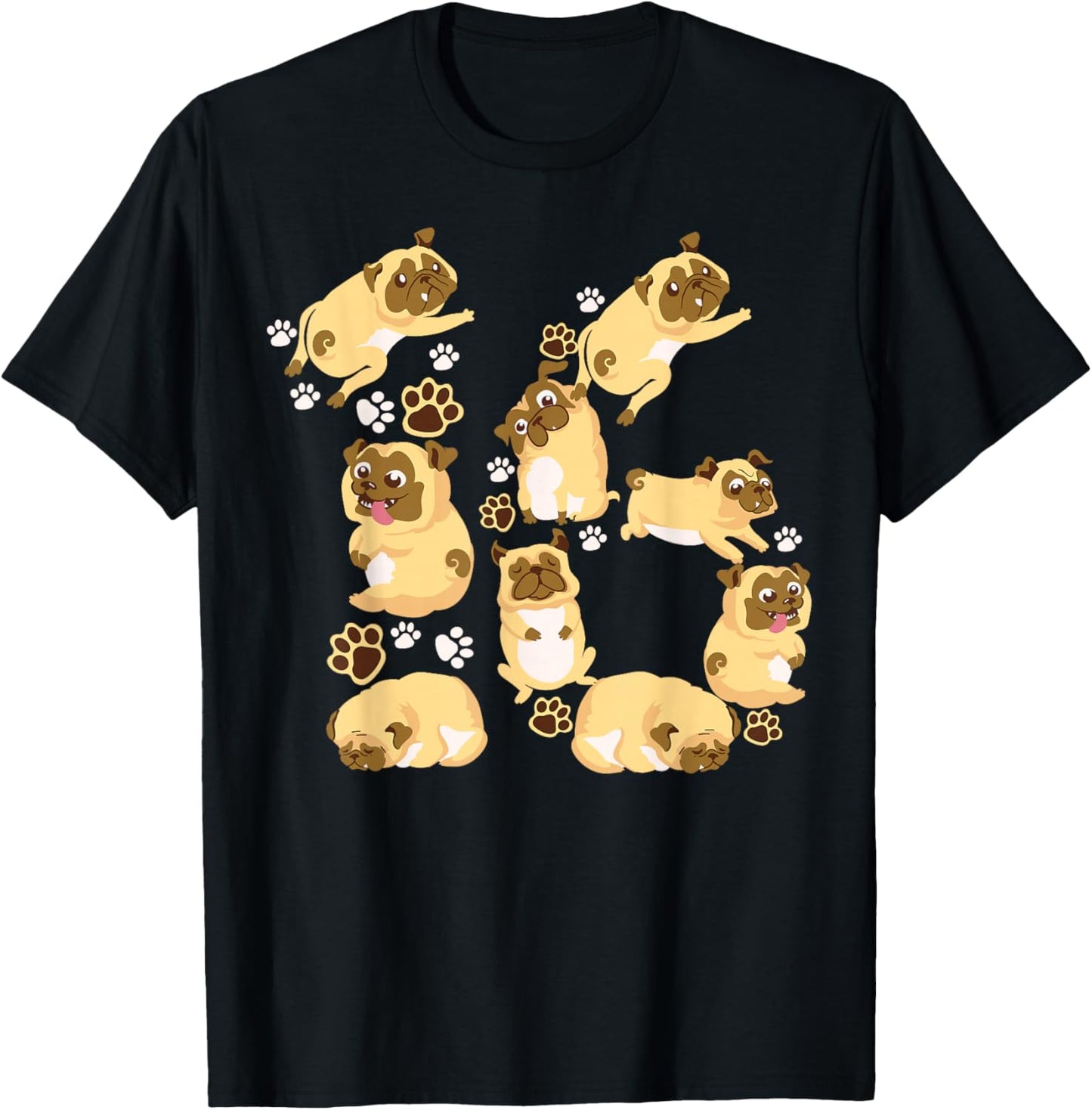 Cute Dog 16th Birthday Gift | Cool 16 Years Old Pug Boy Girl T-Shirt - T-Shirt | Black