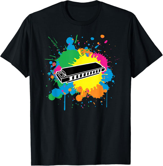 Harmonica Paint Splash Graphic For Harmonica Lovers T-Shirt - T-Shirt | Black