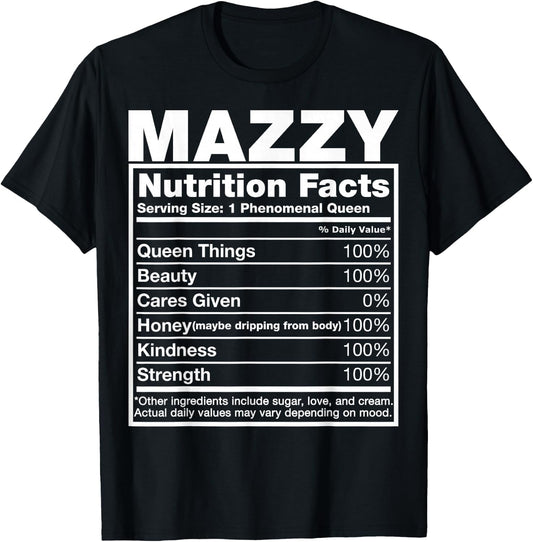 Mazzy Nutrition Facts Mazzy Name Birthday Shirt T-Shirt - T-Shirt | Black