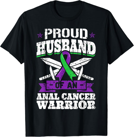 Proud Husband Of Anal Cancer Warrior Tumor Awareness Ribbon T-Shirt - T-Shirt | Black