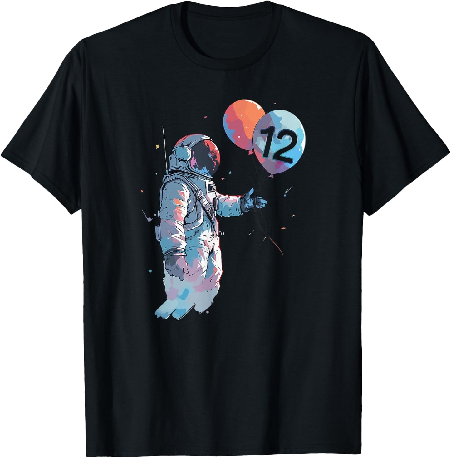 12 Years Old Birthday Boy Cosmonaut Galaxy Balloon Astronaut T-Shirt - T-Shirt | Black