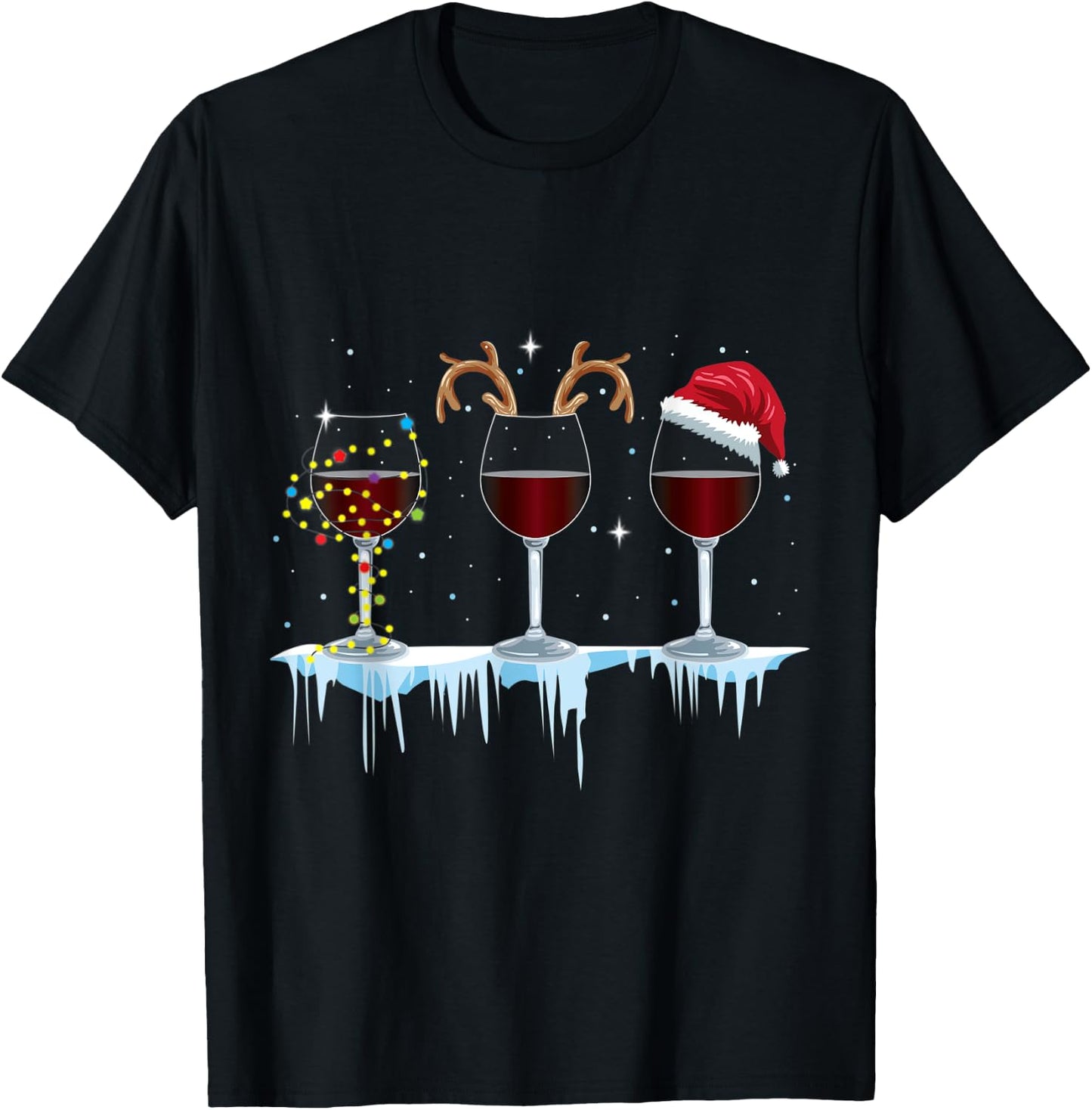 Wine Glasses with Reindeer and Santa and Christmas Lights T-Shirt - T-Shirt | Black