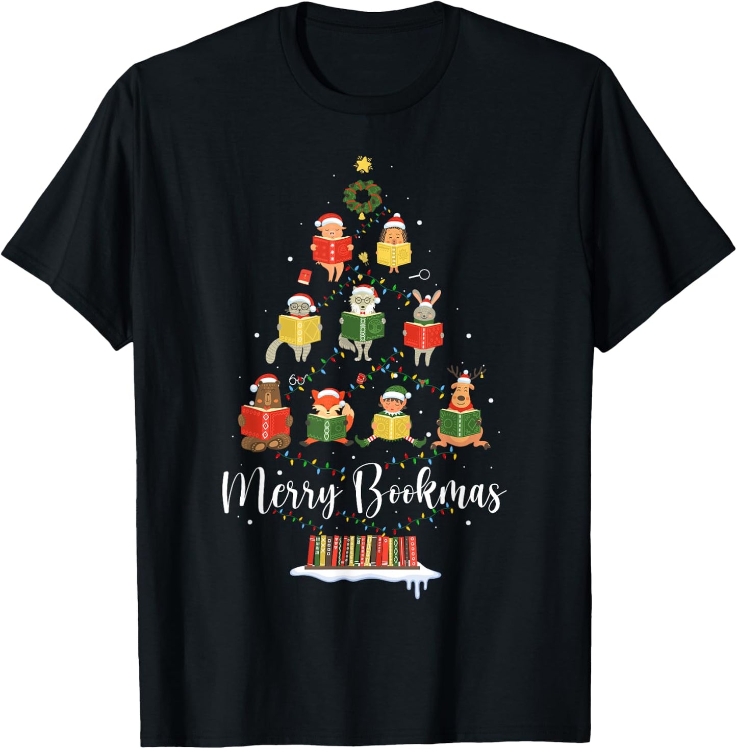 Librarian Book Lover Books Christmas Tree Merry Bookmas Xmas T-Shirt - T-Shirt | Black
