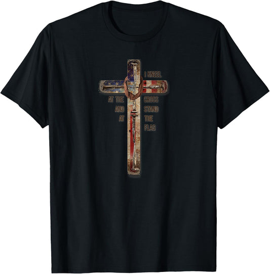 I Kneel at the Cross and Stand at the Flag Distressed T-Shirt - T-Shirt | Black