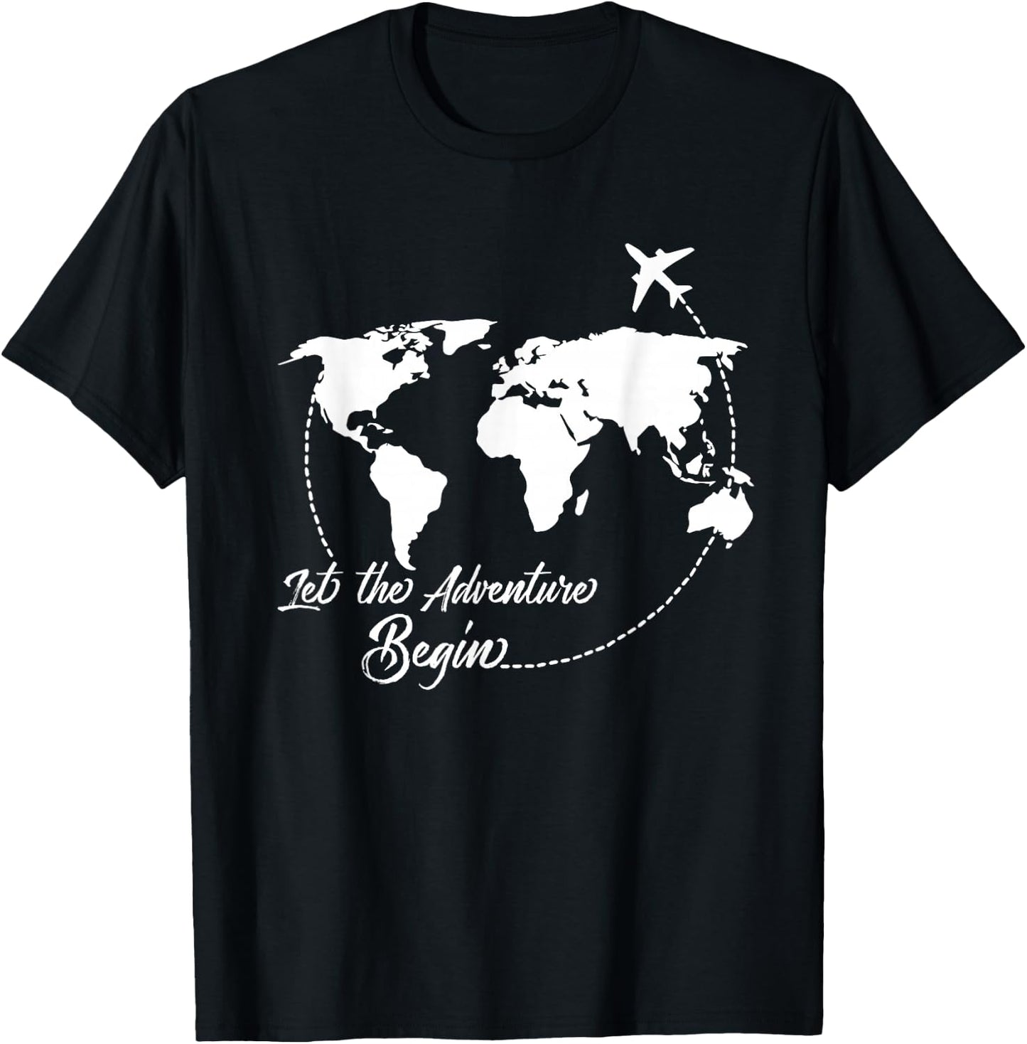 Let The Adventure Begin World Map Travel Vacations Airplane T-Shirt - T-Shirt | Black