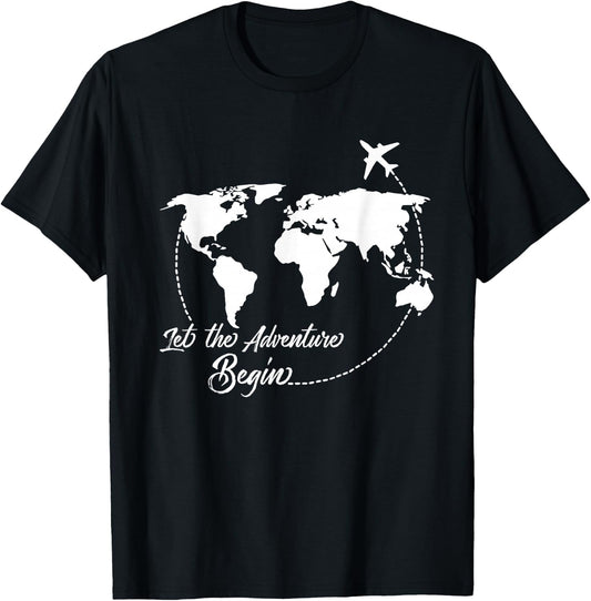Let The Adventure Begin World Map Travel Vacations Airplane T-Shirt - T-Shirt | Black