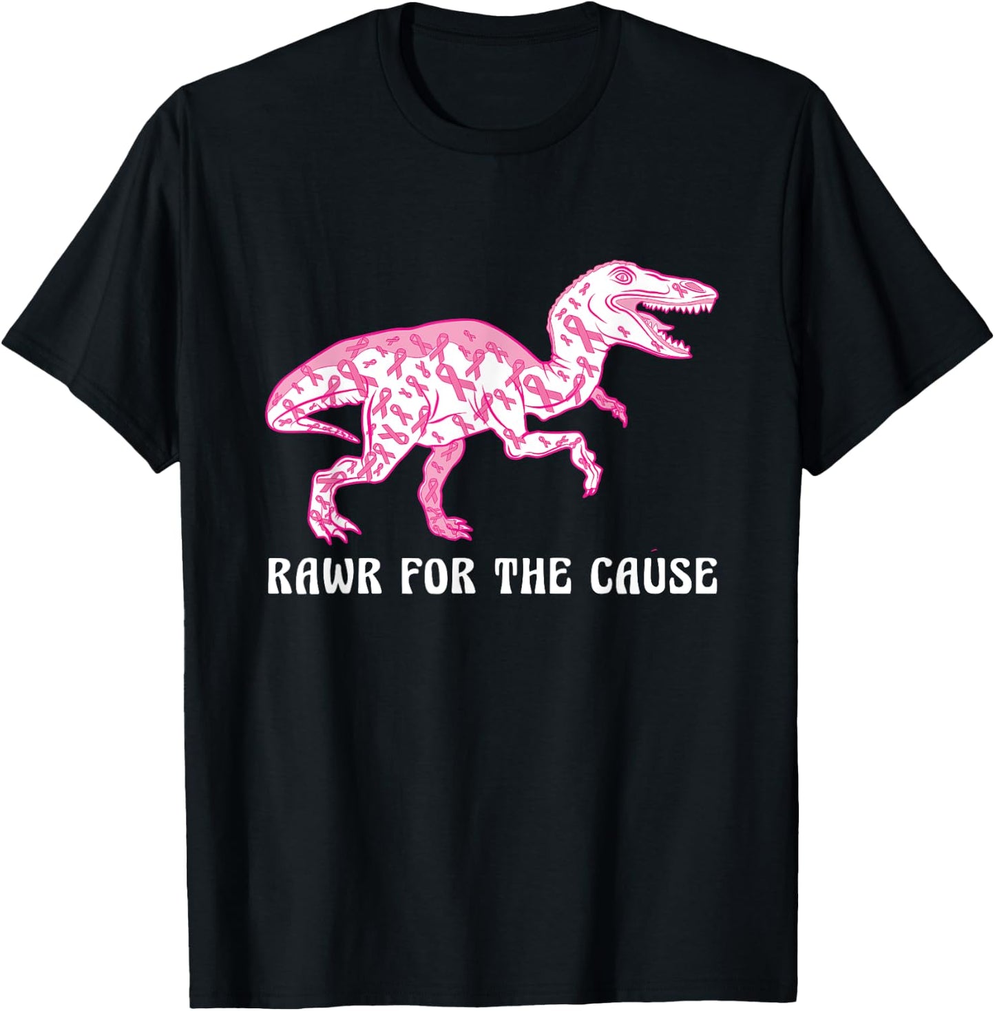 Dinosaur Pink Ribbon Breast Cancer Awareness Month Warrior T-Shirt - T-Shirt | Black