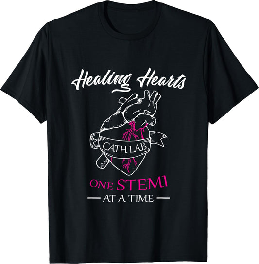 Cath Lab Nurse Gift, Nurse Stemi Cardiac Care Healing Heart T-Shirt - T-Shirt | Black