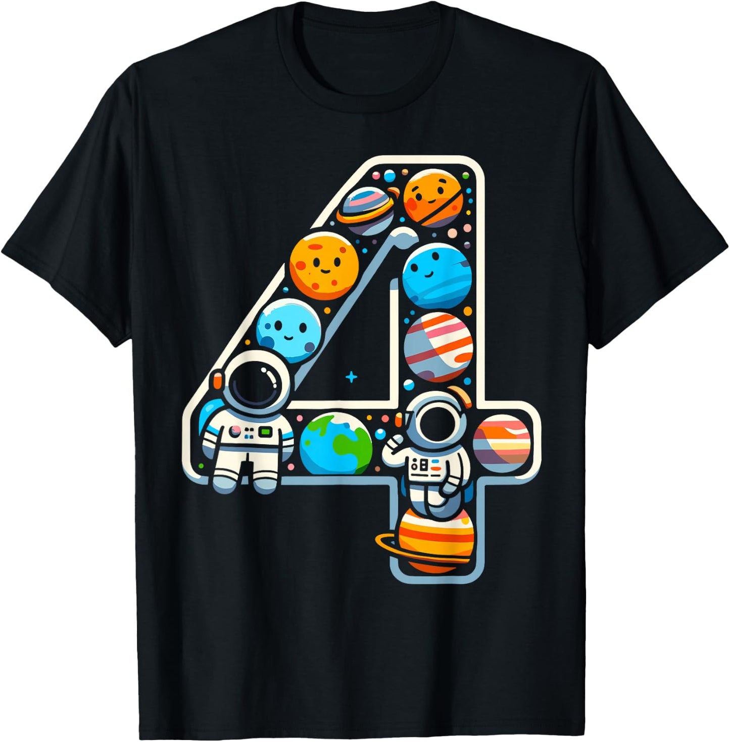 4 Year Old Outer Space Astronaut 4th Birthday Boy Girl Kids T-Shirt - T-Shirt | Black