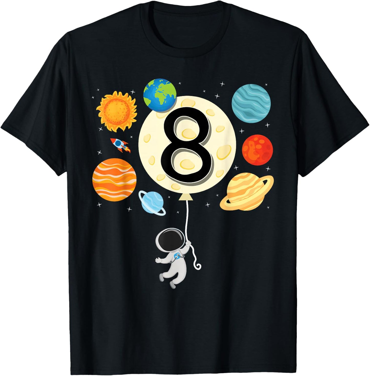 Astronaut Balloon Planets 8th Birthday Space 8 Year Old Kids T-Shirt - T-Shirt | Black