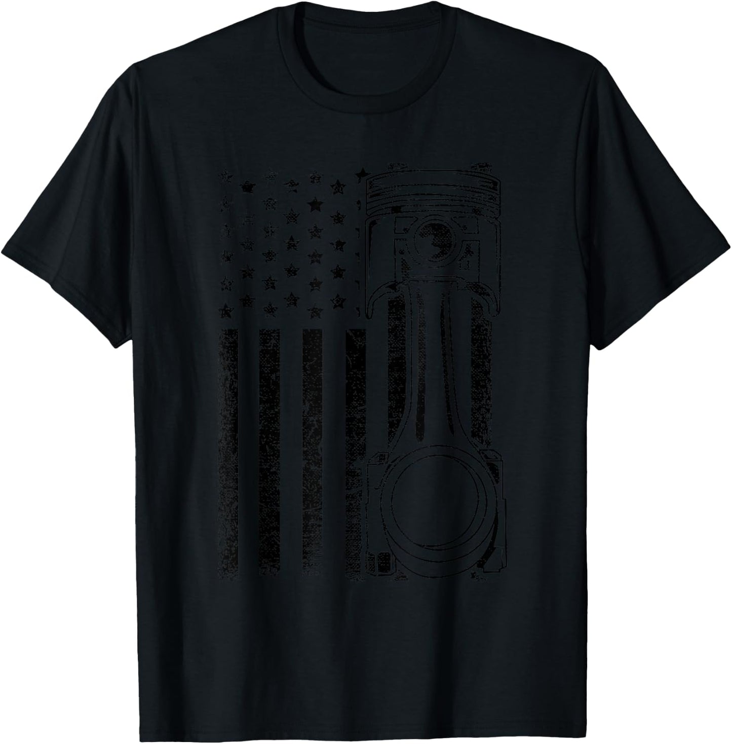 Vintage American Flag Piston Funny Muscle Car Mechanic Gift T-Shirt - T-Shirt | Black