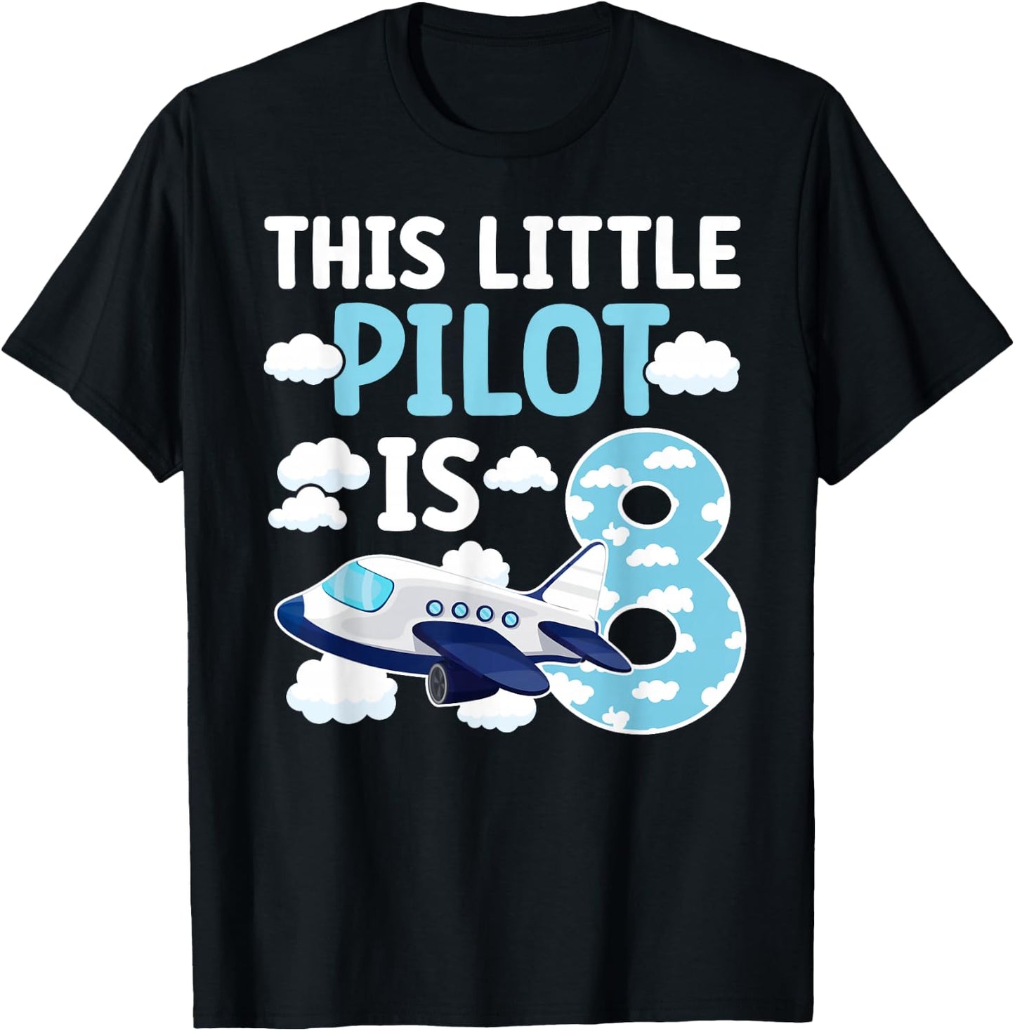 8th Airplane Birthday Party Eight Year Old Pilot Birthday T-Shirt - T-Shirt | Black