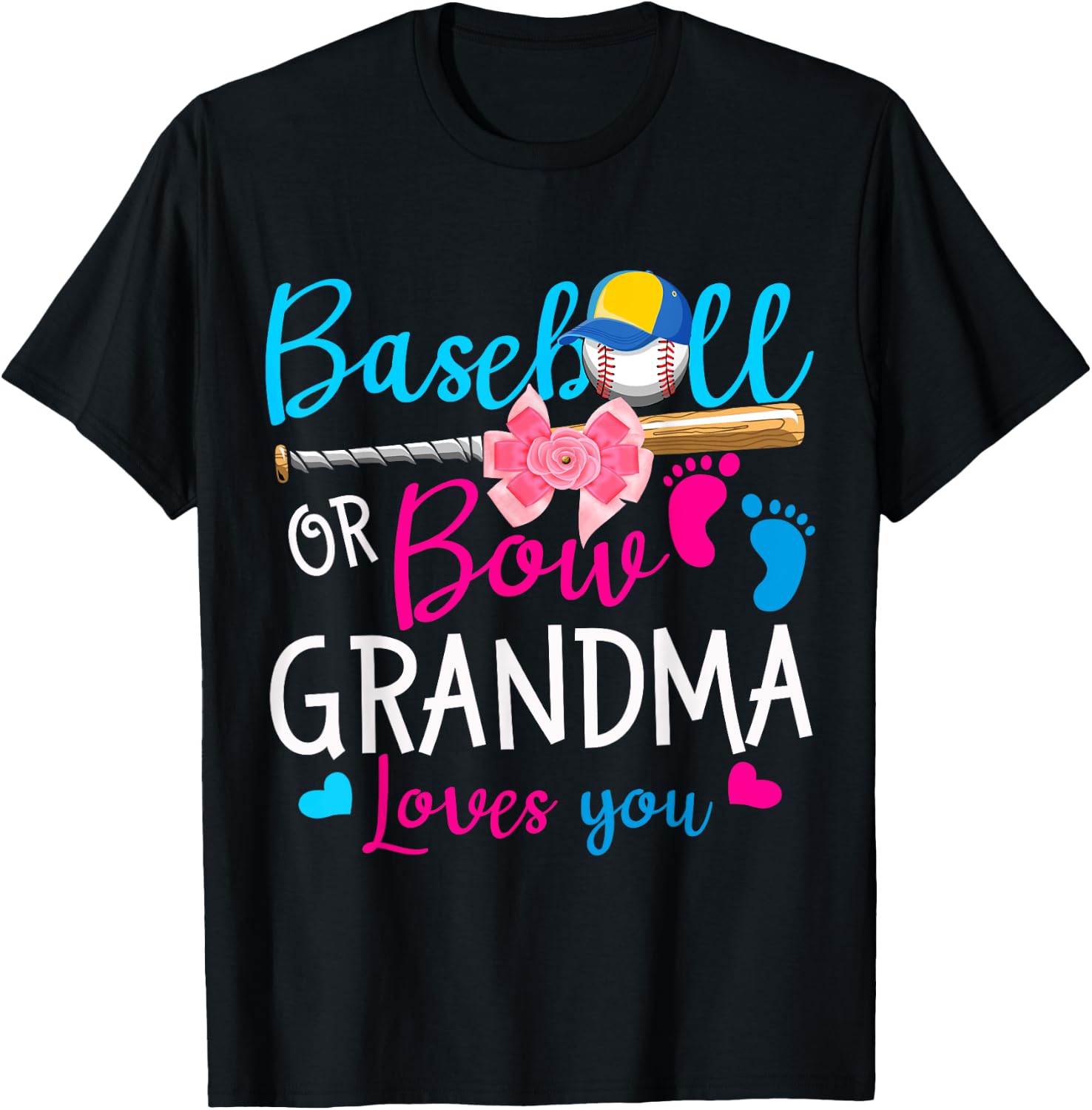 Baseball or Bow Grandma Loves You Baseball Gender Reveal T-Shirt - T-Shirt | Black