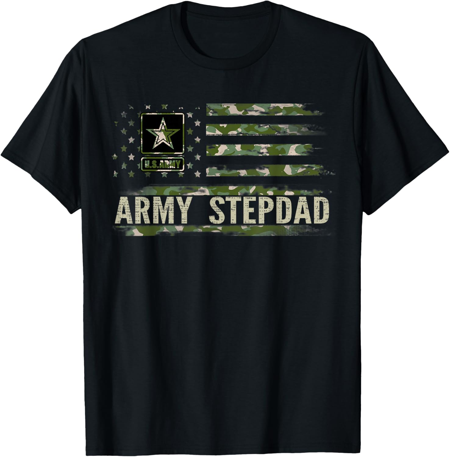 Vintage Army Stepdad With Camo American Flag Veteran Gift T-Shirt - T-Shirt | Black