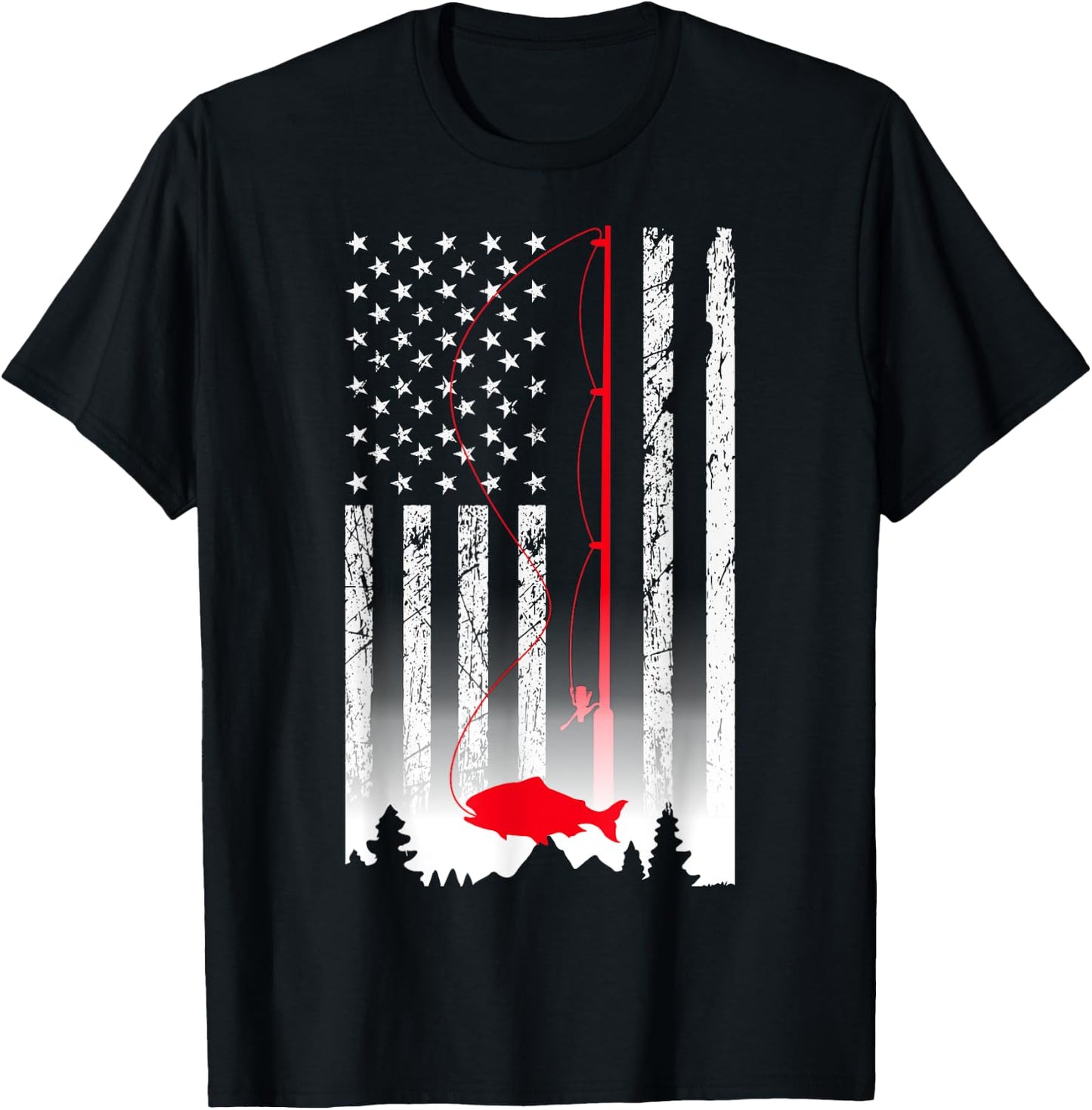American Flag Fishing Rod USA Patriotic Lover T-Shirt - T-Shirt | Black