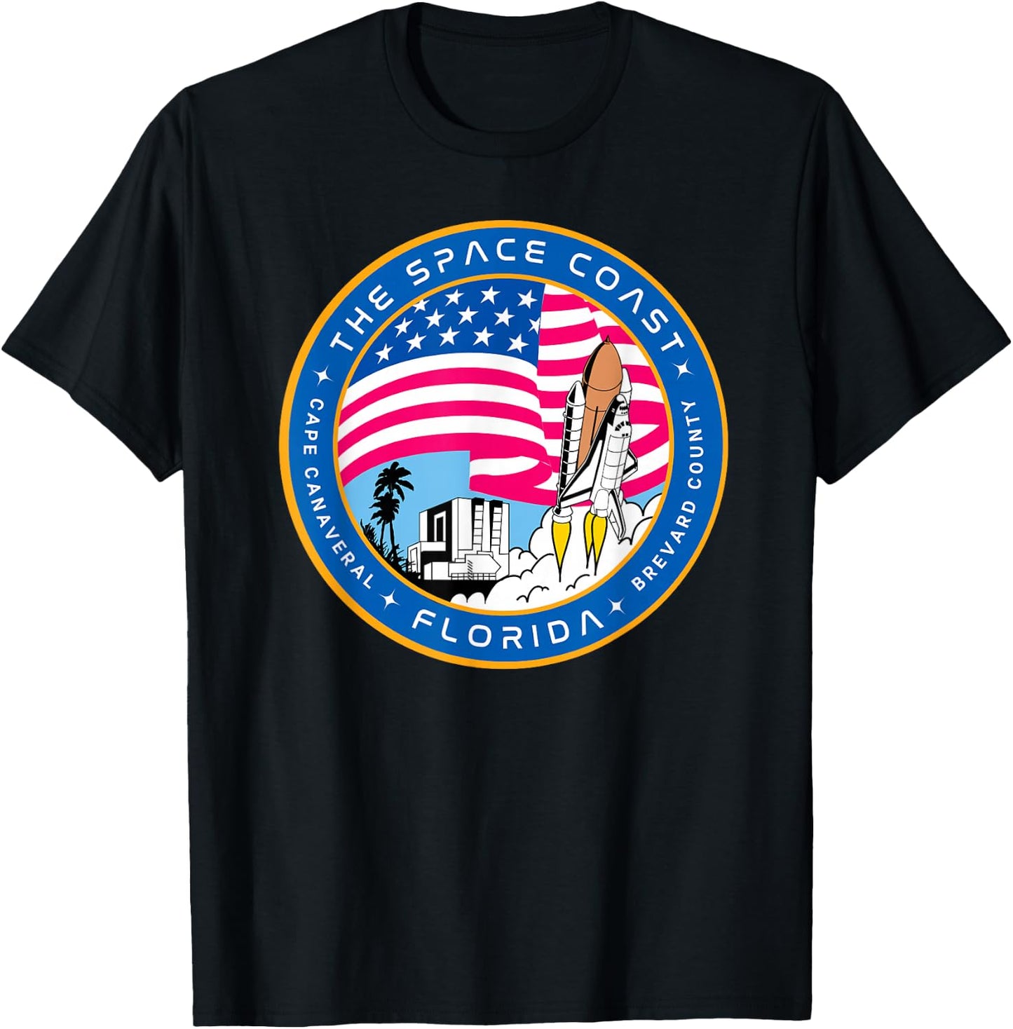 Space Coast Cape Canaveral Florida Space Shuttle Emblem T-Shirt - T-Shirt | Black