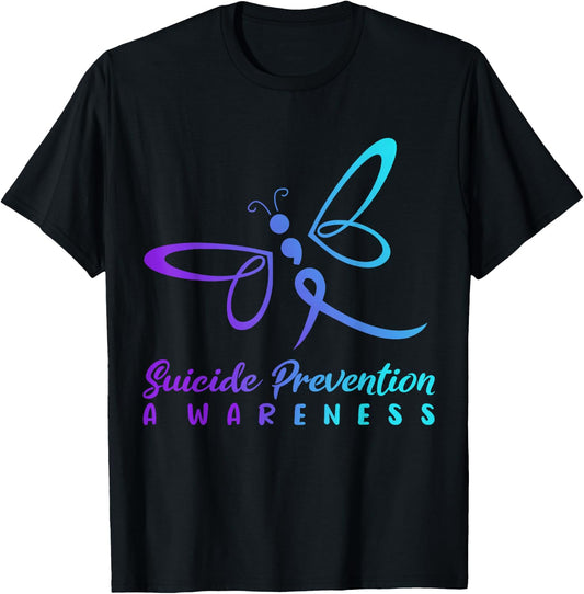 Dragonfly Suicide Prevention Awareness Pink And Teal Ribbon T-Shirt - T-Shirt | Black